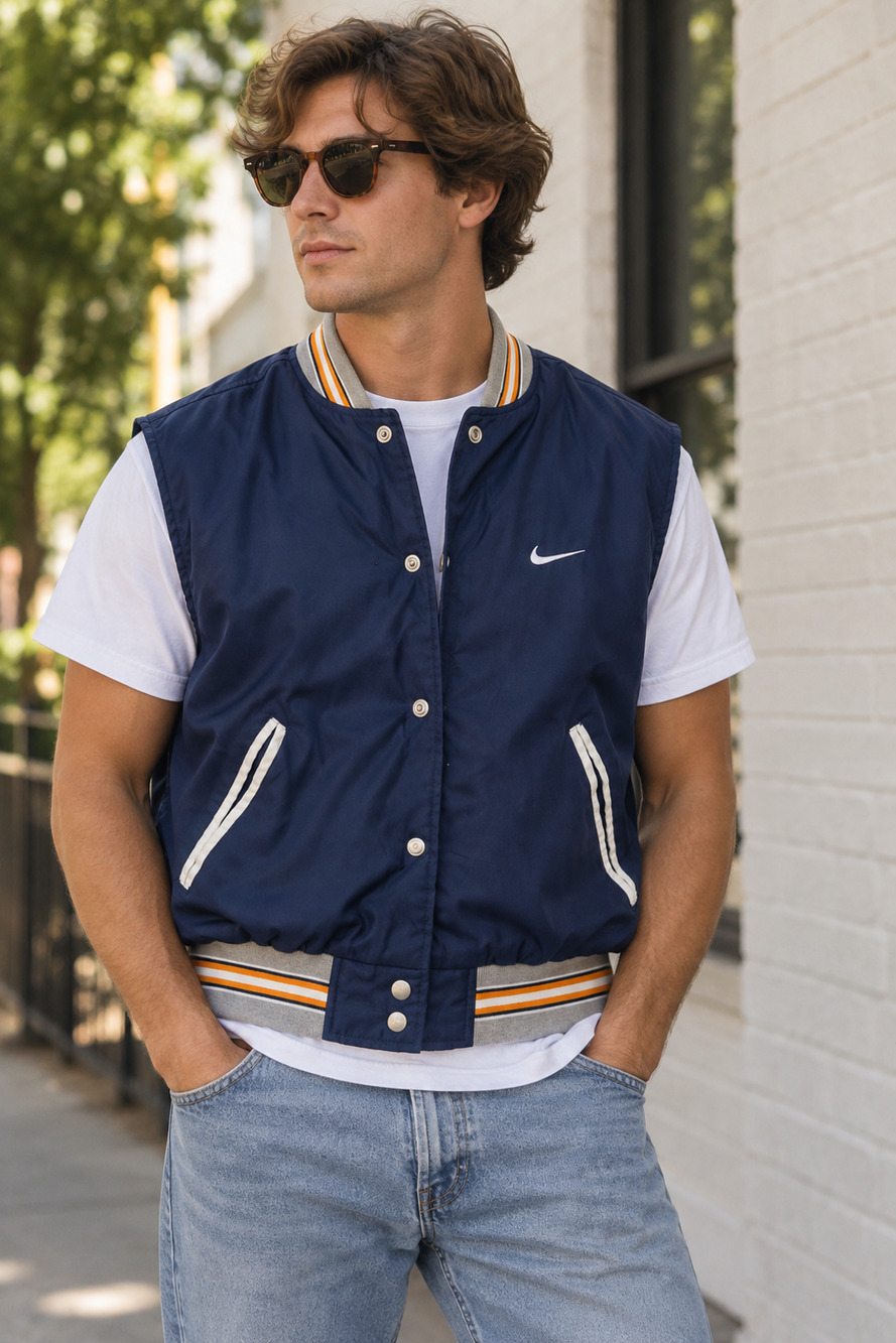 Mens Vintage 80s 90s Nike Vest Satin Varsity Orange Blue Size Small